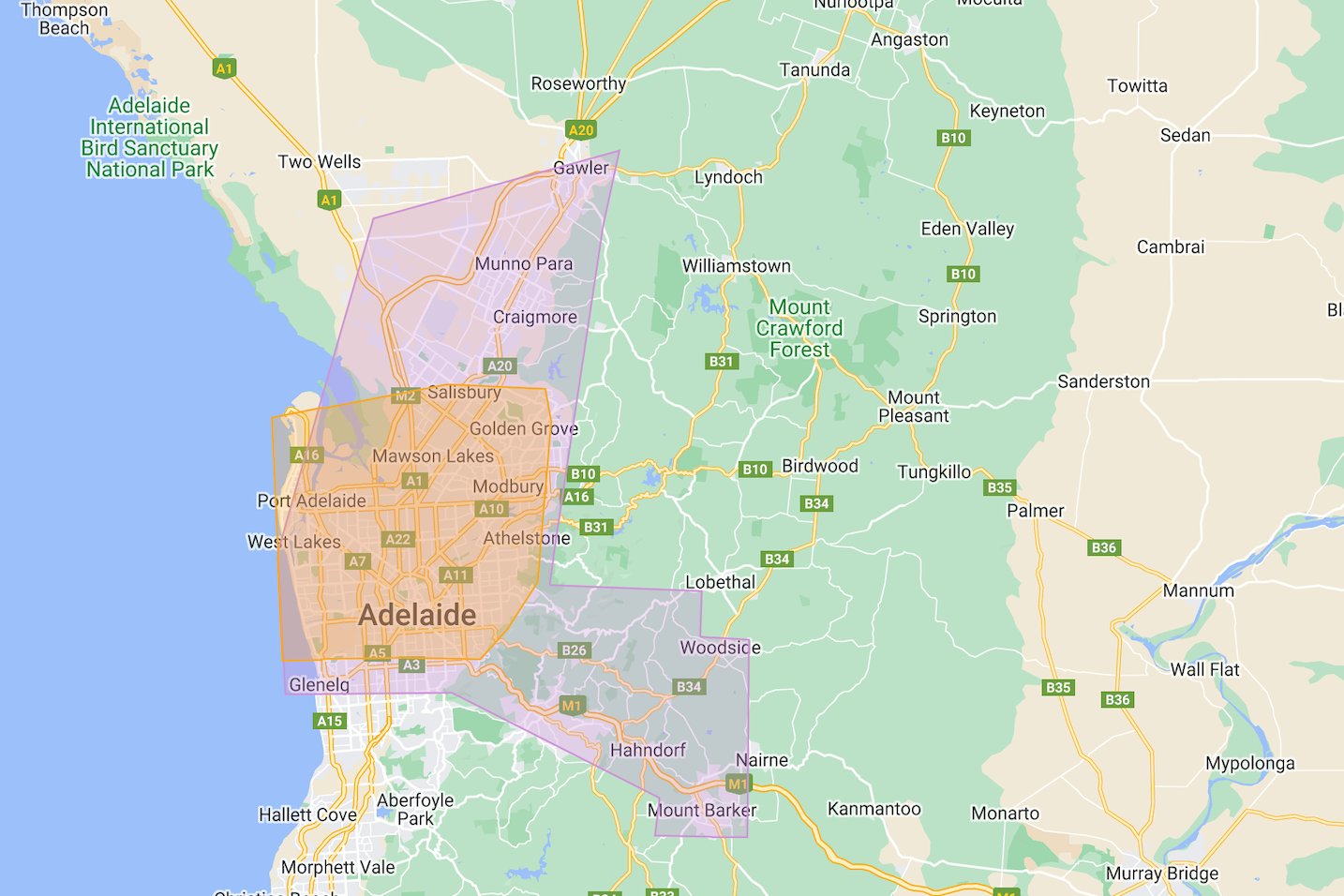 Map of the Fur Ever and Always service area across Adelaide